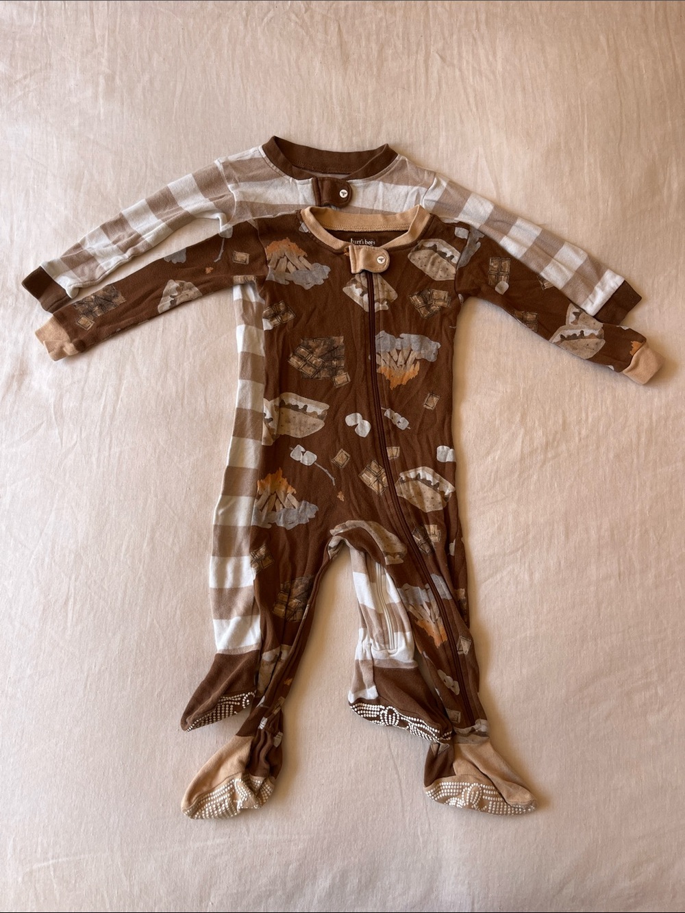 Burt's Bees Brown and Cream Striped & Smore Patterned Footed Pajama Set